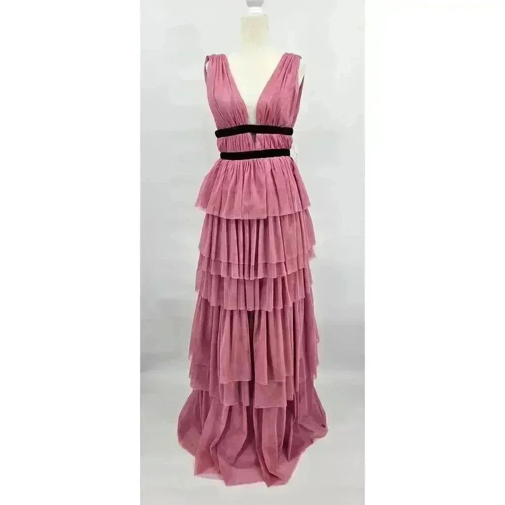 Dear Moon Junior 3 Mauve Deep V-Neck Shirred Bodice To Tiered Tulle Ballgown NWT